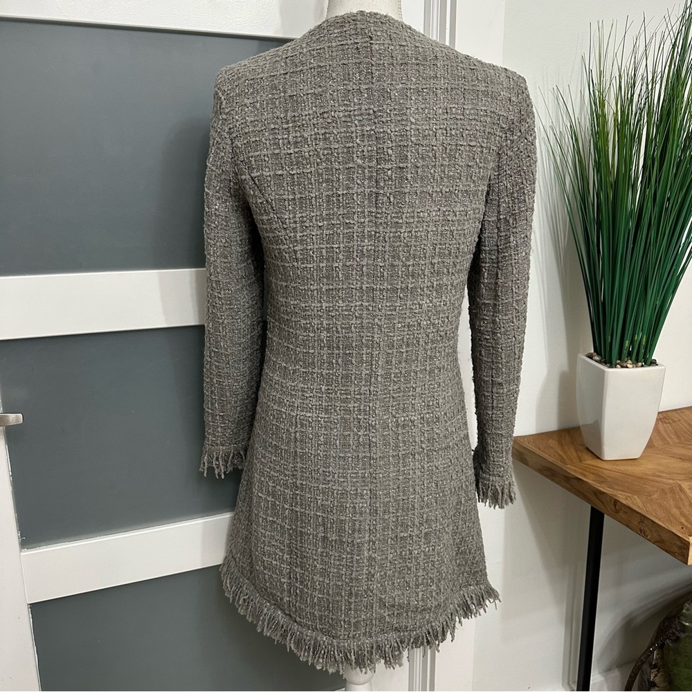 VERTIGO PARIS Gray Tweed Fringe Wool Blend Coat Jacket SZ S Grey Longer Length - Picture 8 of 8